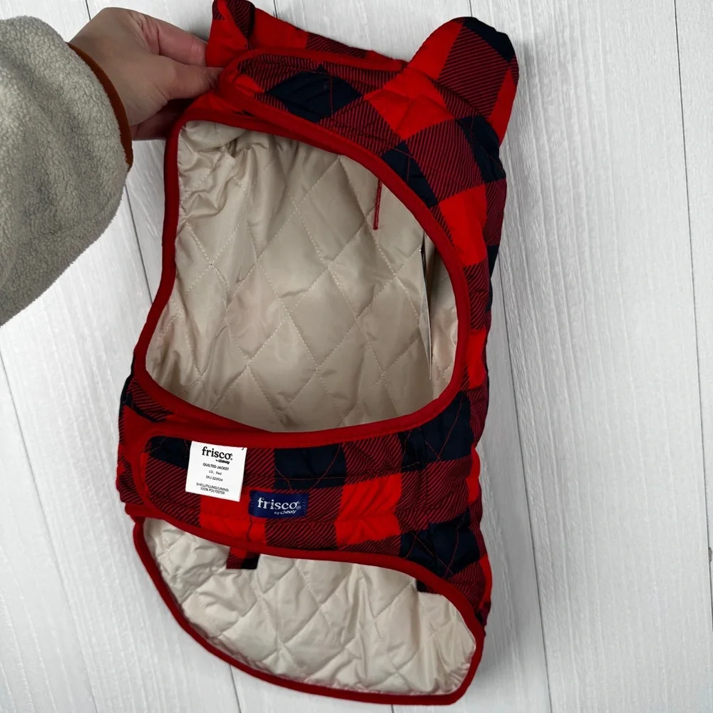 Frisco Lightweight Quilted Dog Jacket in red and black buffalo plaid L